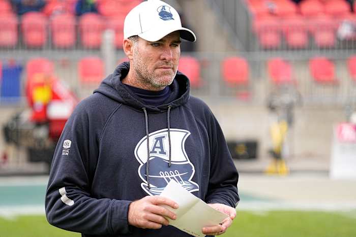 Nov 13, 2022; Toronto, Ontario, CAN; Toronto Argonauts head coach Ryan Dinwiddie during warm up before a game against the Montreal Alouettes at BMO Field. Mandatory Credit: John E. Sokolowski-USA TODAY Sports